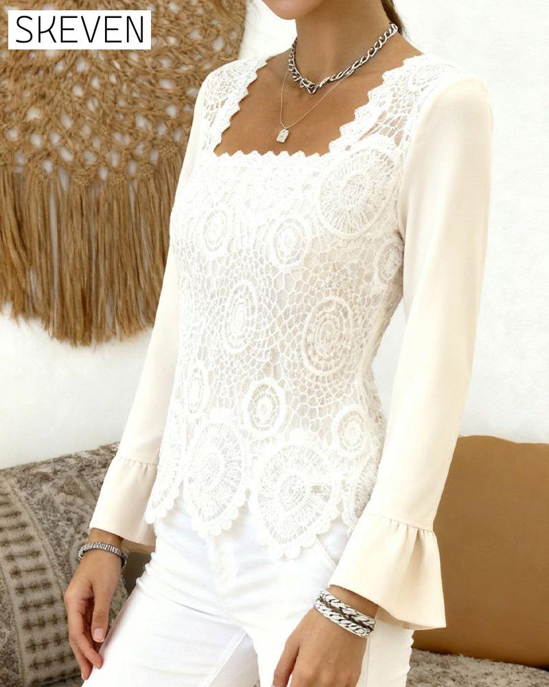 Gehäkelte Patchworkbluse mit weitem Ausschnitt