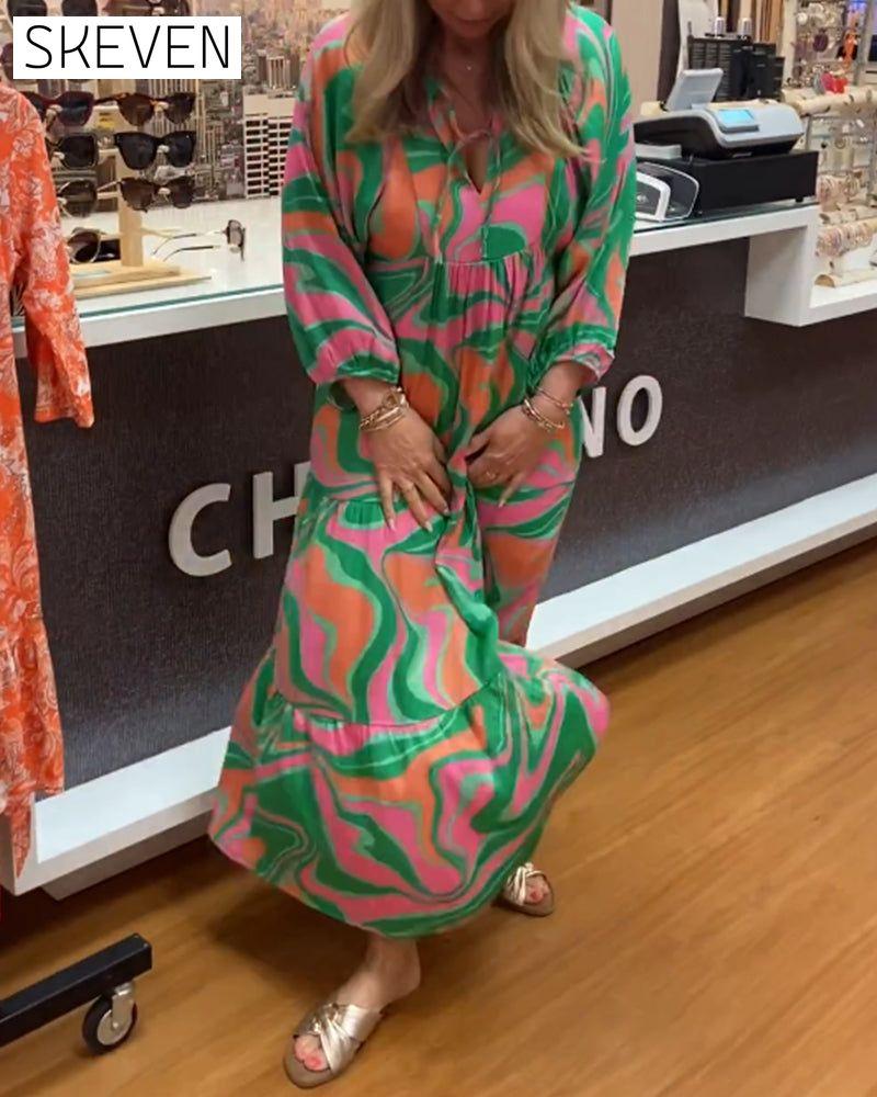 robe longue imprimée à col en V