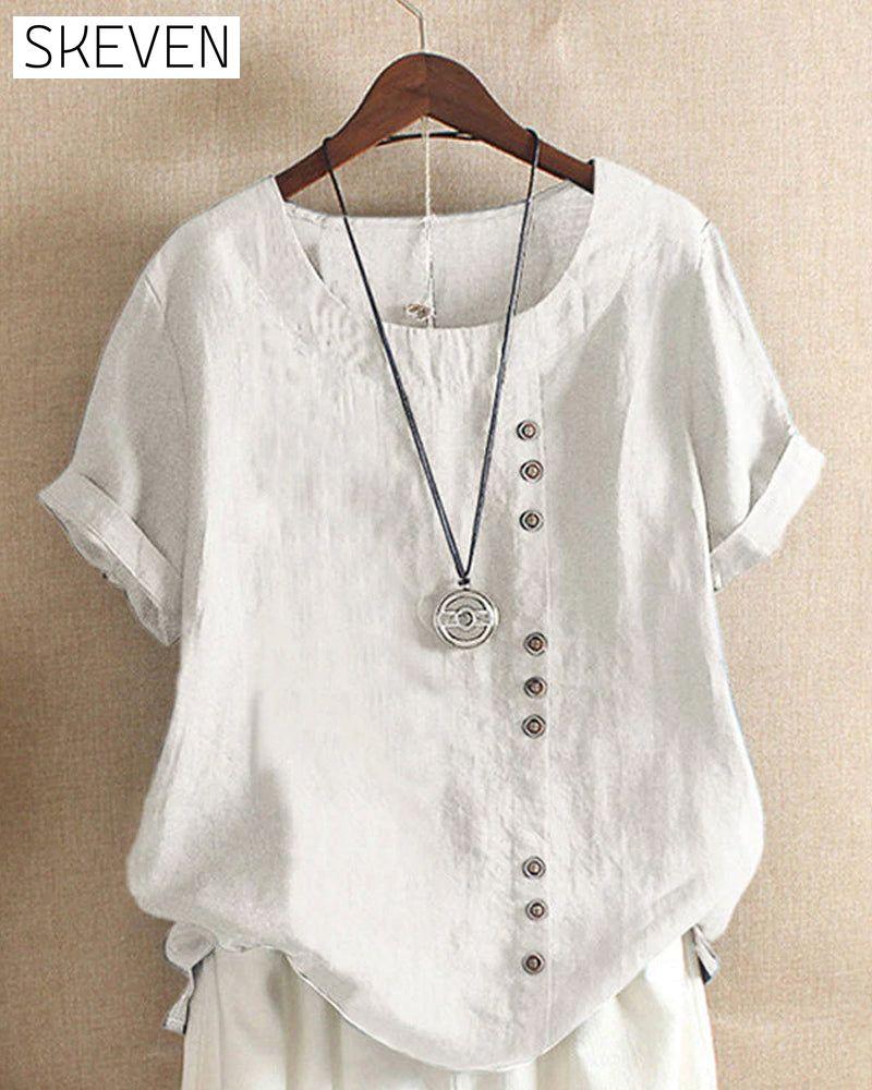 Solid Color Button Short Sleeve Top