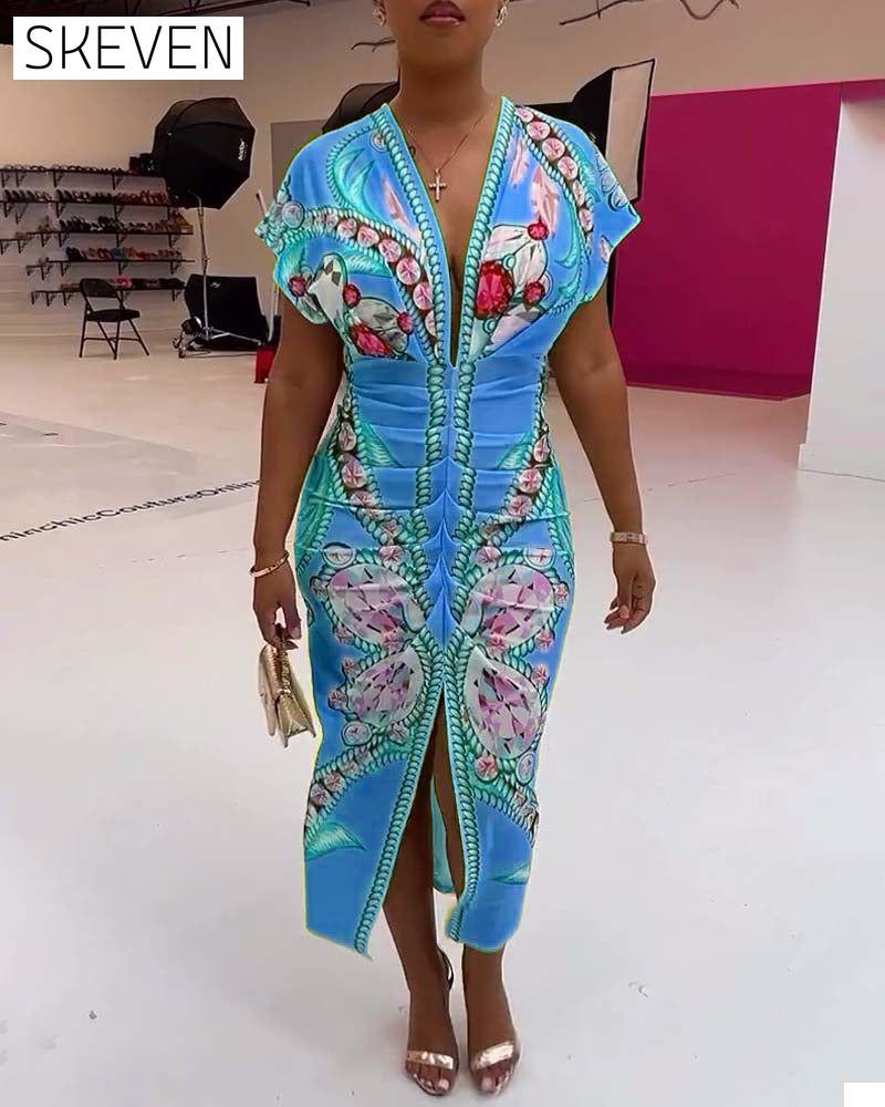 robe imprimée à fente en V profond