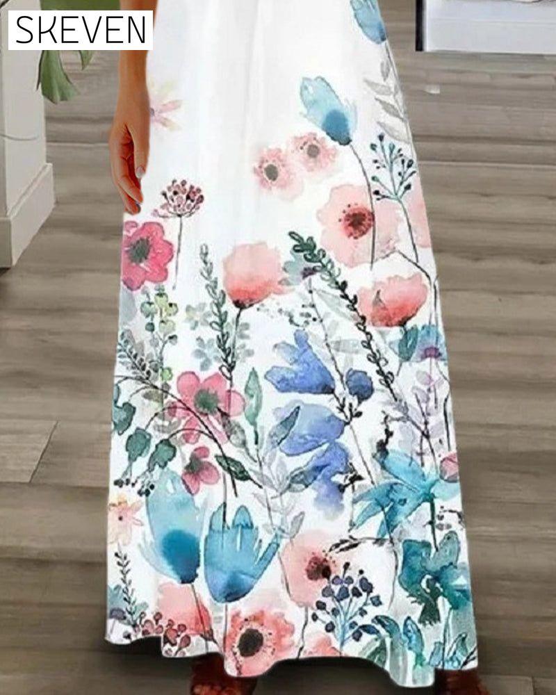 Floral print lace short sleeve long dress 23BF Casual Dresses Clothes Dresses Summer