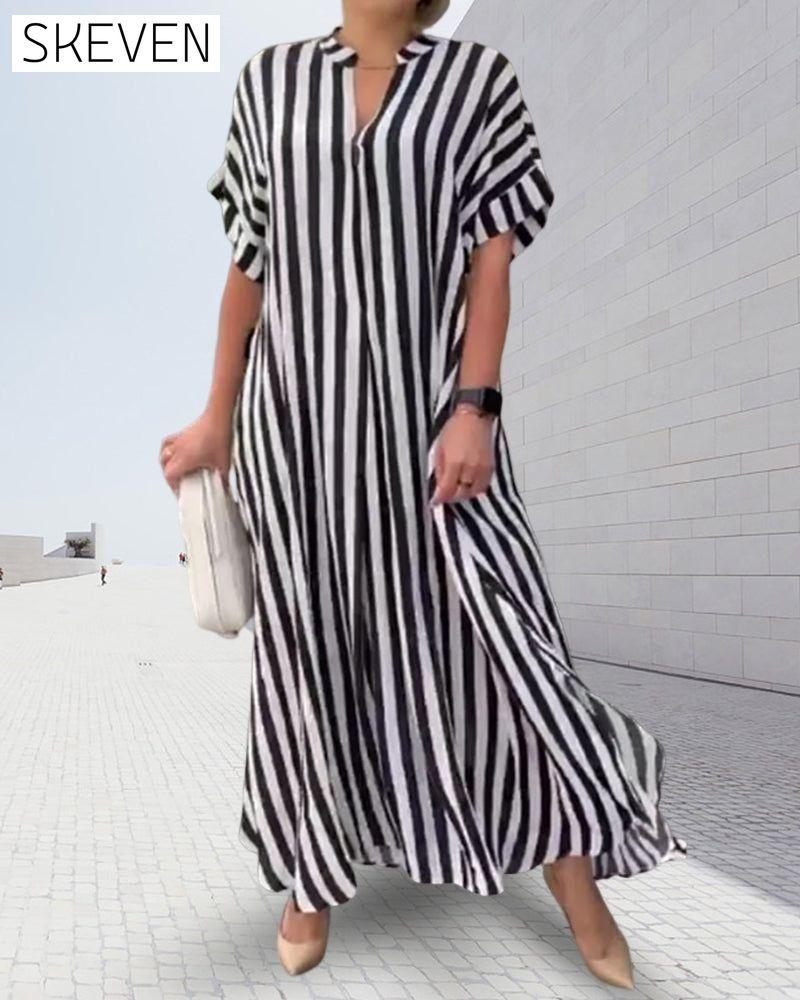 V-neck Shirt Dress in Stripe Print 23BF Casual Dresses Clothes Dresses SALE Spring Summer