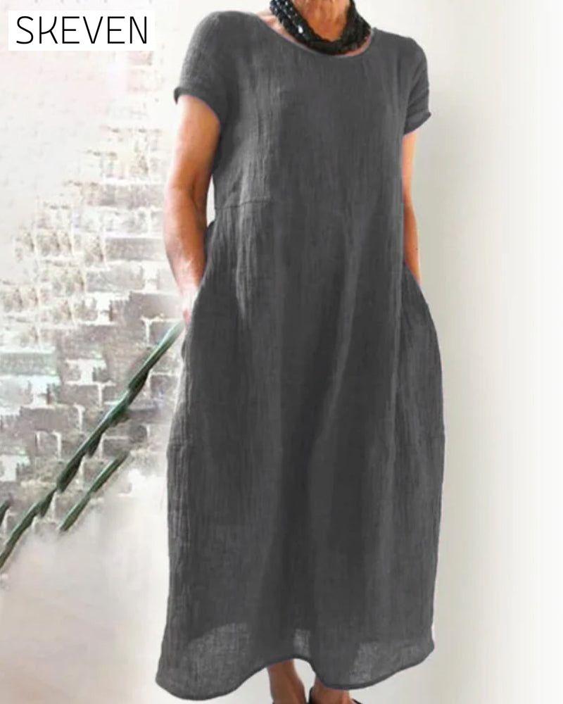 Loose solid color dress Gray 23BF casual dresses Clothes Cotton and Linen Dresses Spring summer