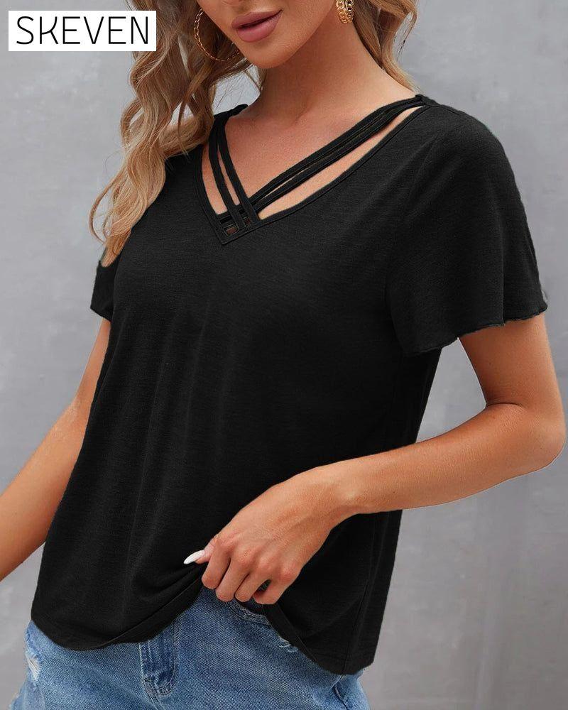 Solid color Cut Out T-shirt 23BF clothes Short Sleeve Tops Summer T-shirts Tops/Blouses