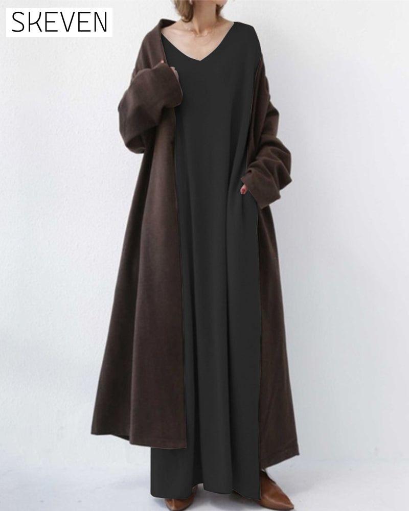 robe trapèze à manches longues et col en V