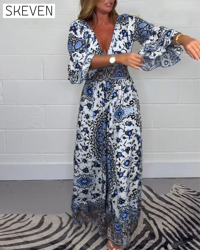 Printed deep V-neck jumpsuit jumpsuits spring summer
