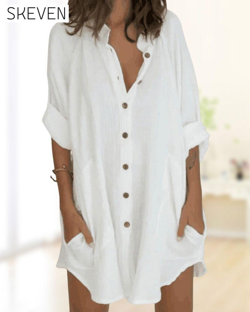 Button pocket solid shirt dress 23BF Casual Dresses Clothes Dresses Spring Summer
