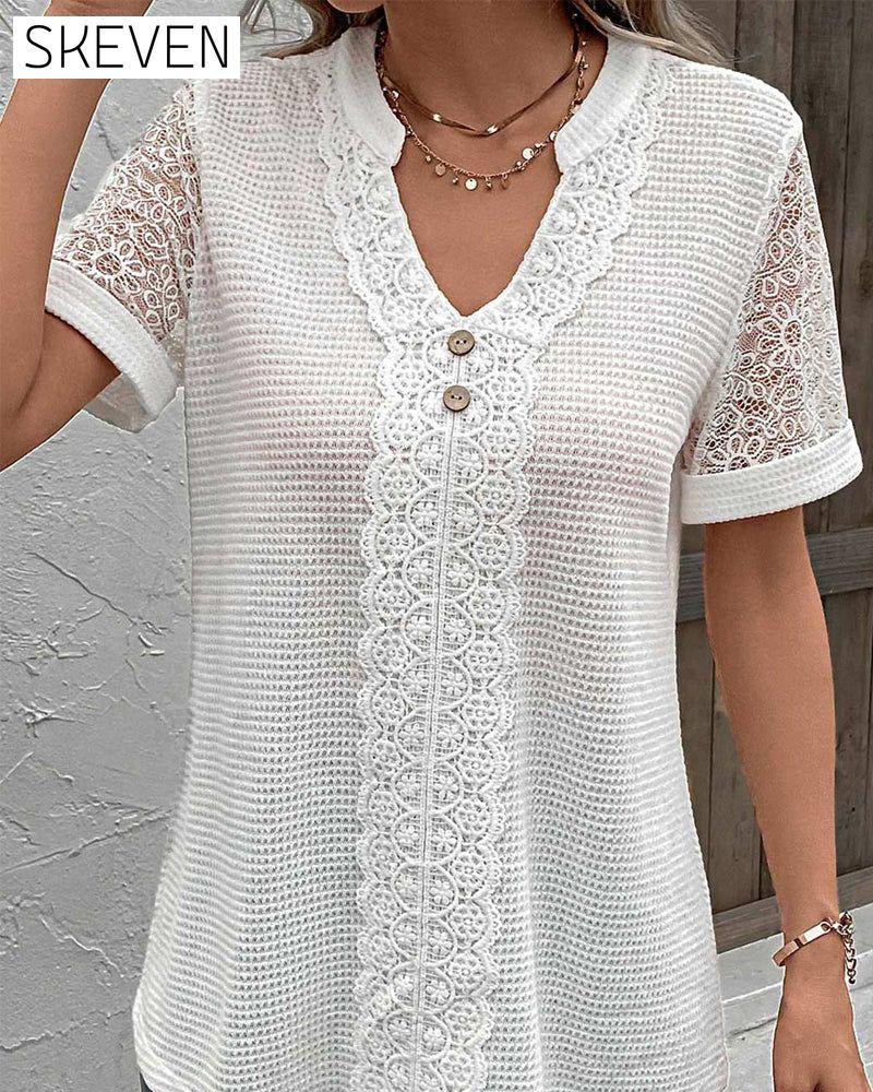 Solid color v-neck lace T-shirt