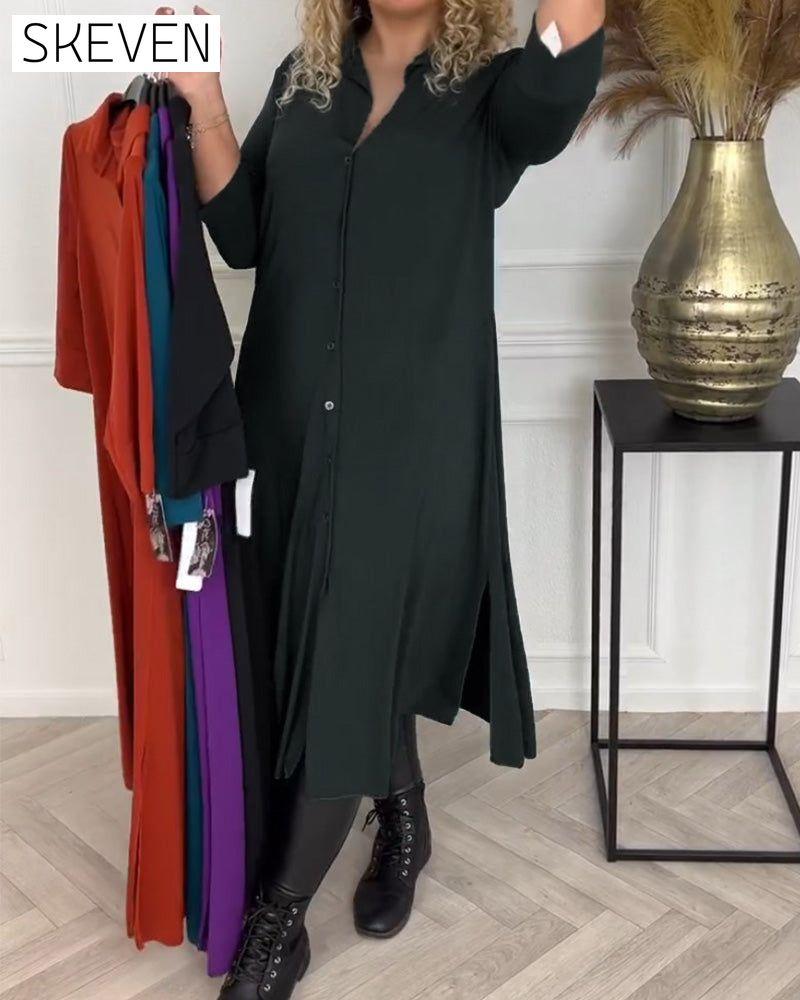 Buttoned solid color shirt dress