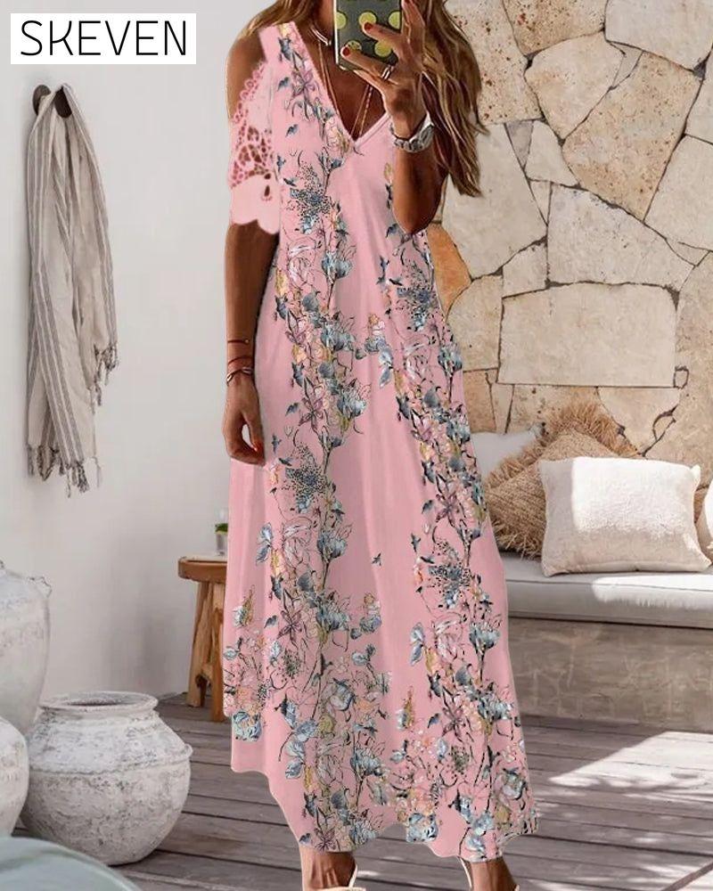 Floral Print Dress with Short Lace Sleeves 23BF Casual Dresses Clothes Dresses Spring Summer Vacation Dresses