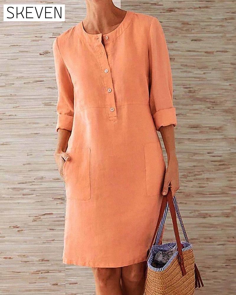 Elegant plain dress Orange 2022 F/W 23BF allamode Casual Dresses Clothes Cotton and Linen Damkläder discount Dresses Kläder och accessoarer Kortärmad för damer Spring Summer Trending Now