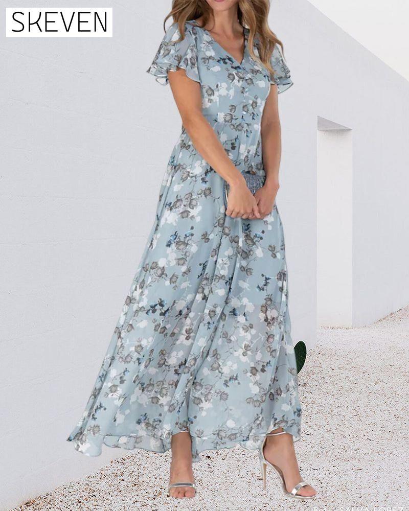 Short Sleeve Long Dress with Floral Print 23BF Casual Dresses Clothes Dresses SALE Spring Summer