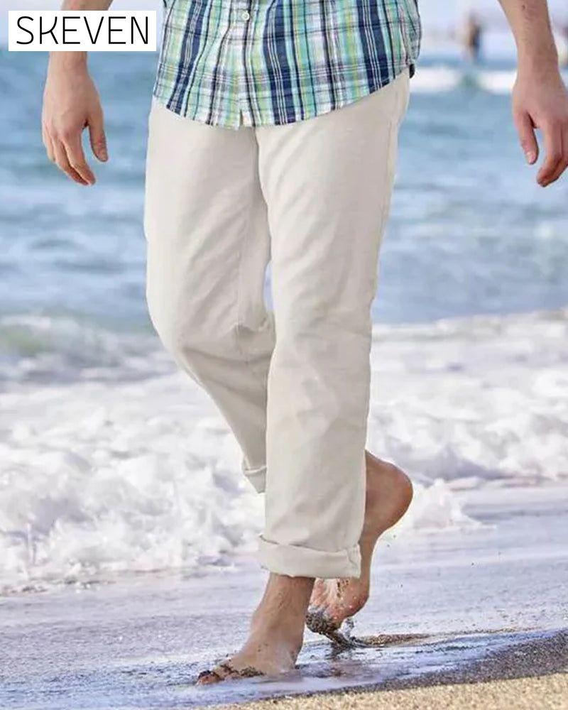 Pantalon en coton et lin respirant, couleur unie