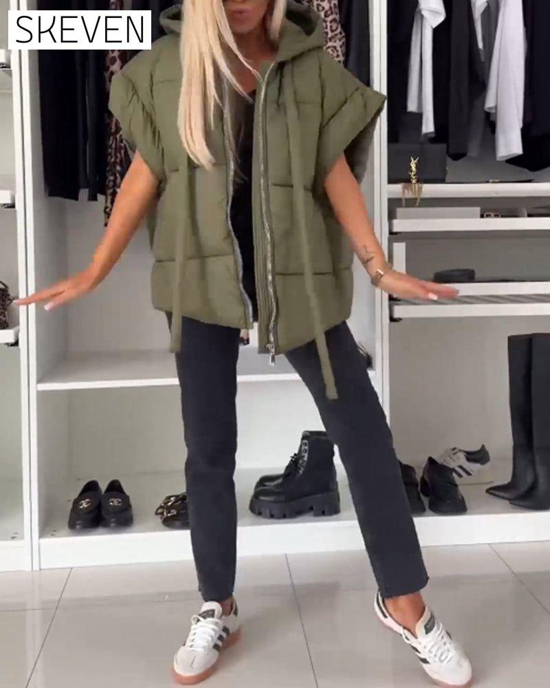 Hooded solid color zipper short sleeve padded jackets