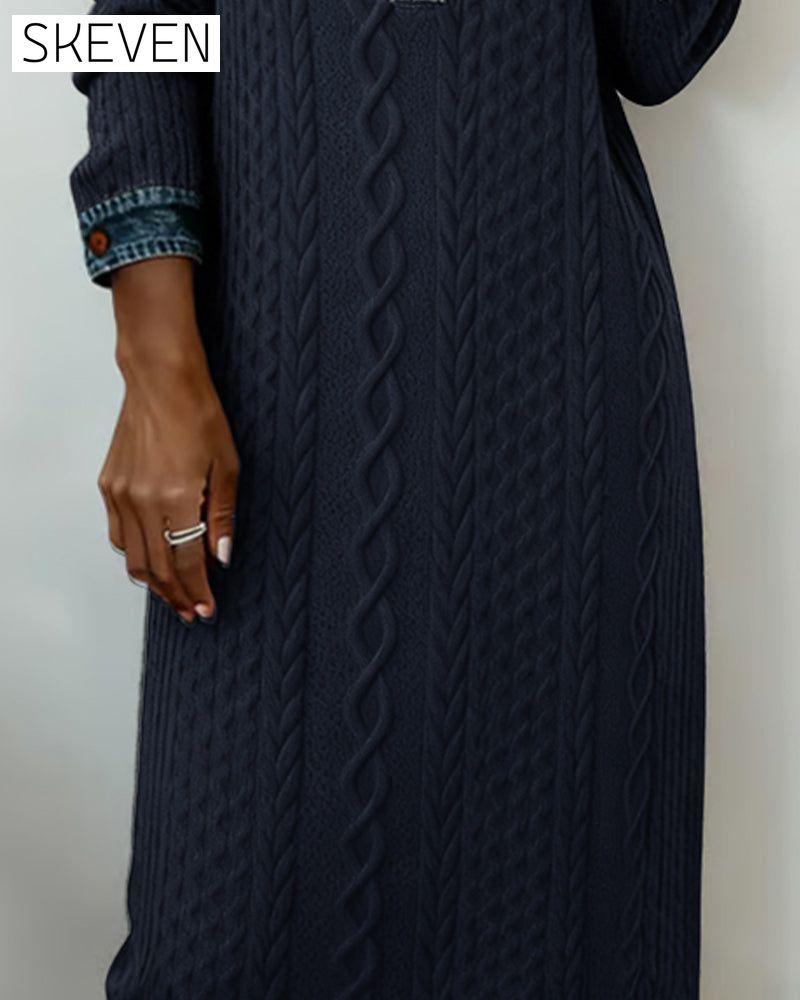 Denim cable knit patchwork collared dress