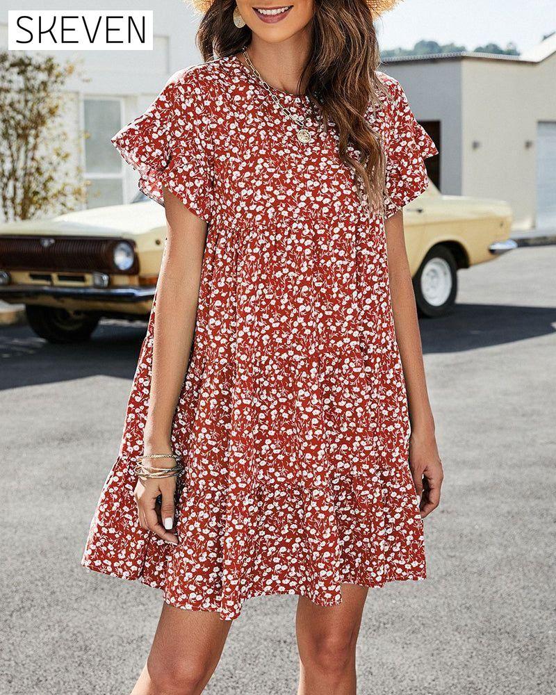 Short Sleeve Dress in Floral and Leopard Print Red Casual Dresses Clothes Dresses SALE Summer