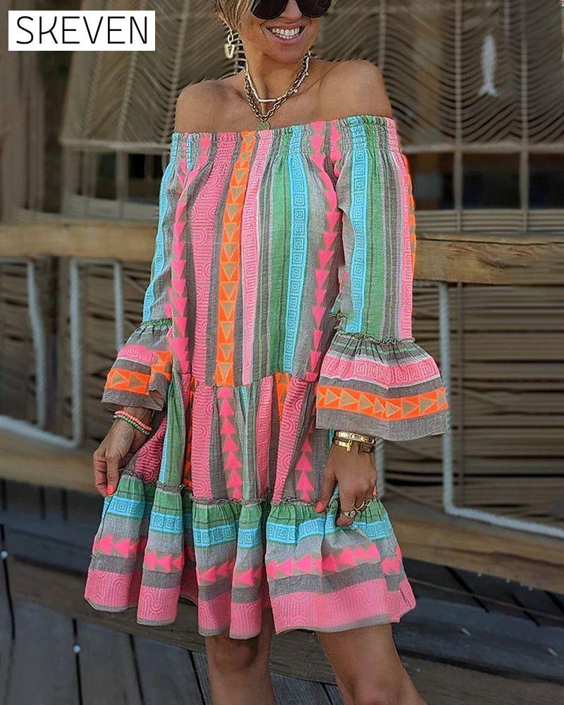 Bell Sleeve Boat neck Dress 23BF Casual Dresses Clothes Dresses Spring Summer