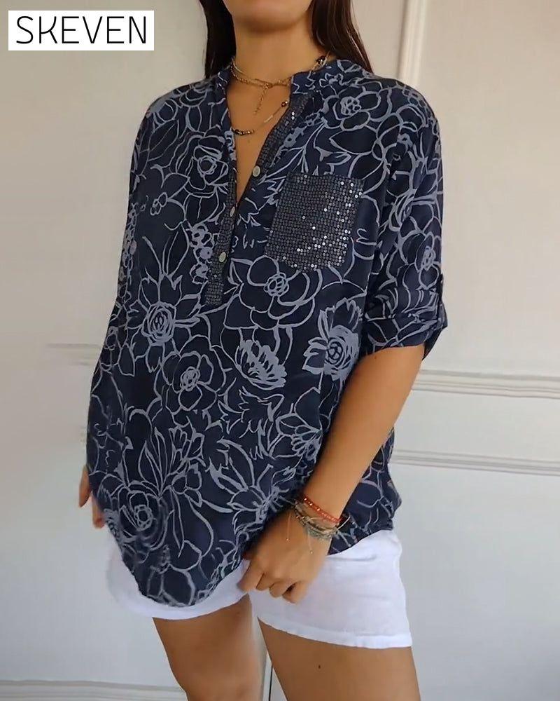 Bedruckte Bluse mit V-Ausschnitt und Knopfleiste