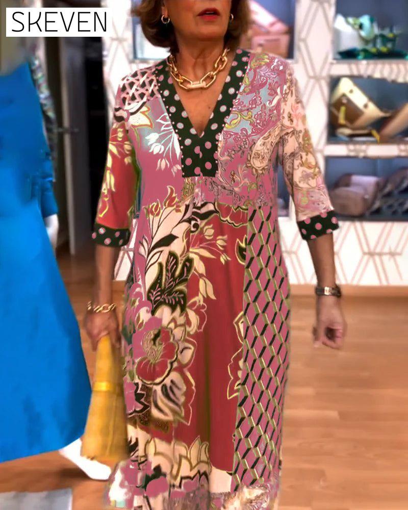 V-neck Printed Slit Dress