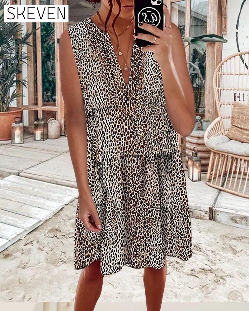 V neck leopard print sleeveless dress 23BF Casual Dresses Clothes Dresses Spring Summer