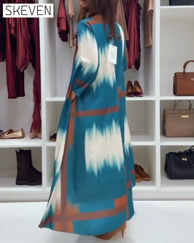 Modisches bedrucktes Kleid mit Rundhalsausschnitt und langen Ärmeln