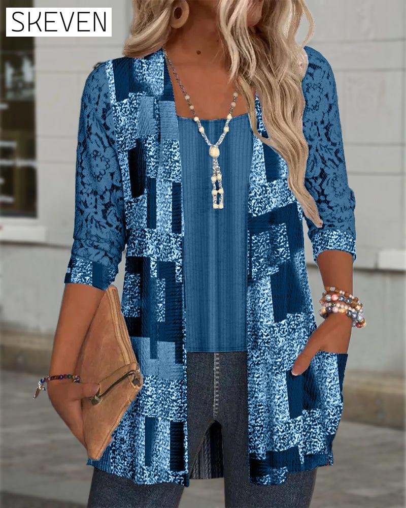 Faux Two-Piece Printed Long-Sleeved Blouse