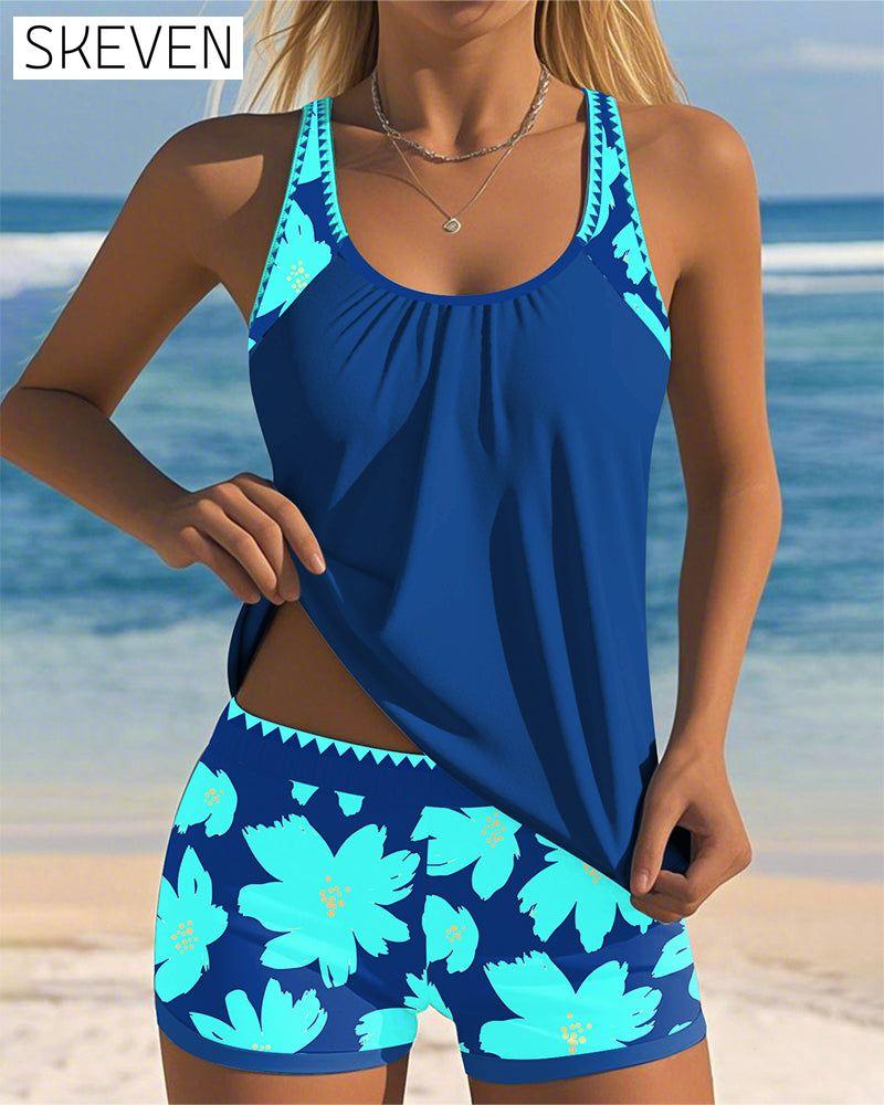 U-Neck Sleeveless Printed Boxer Tankini