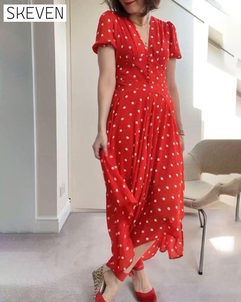 Romantic polka dot print waist dress 23BF Casual Dresses Clothes Dresses Elegant Dresses Summer