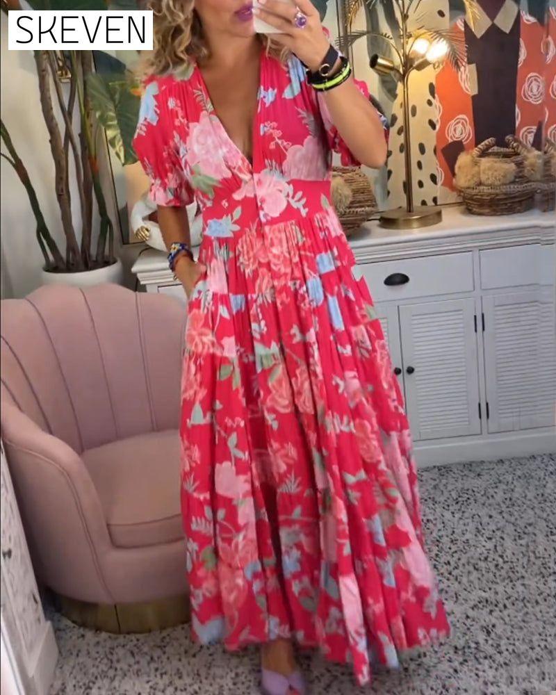 Floral print v-neck pocket dress 23BF Casual Dresses Clothes discount Dresses Spring Summer