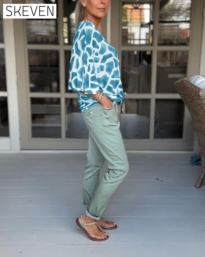 Elegant printed V-neck bat sleeves blouse