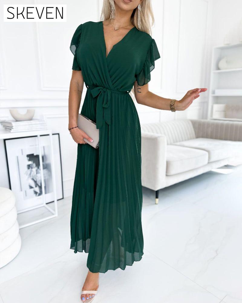 Solid color ruffled sleeves V-neck elegant dress casual dresses summer