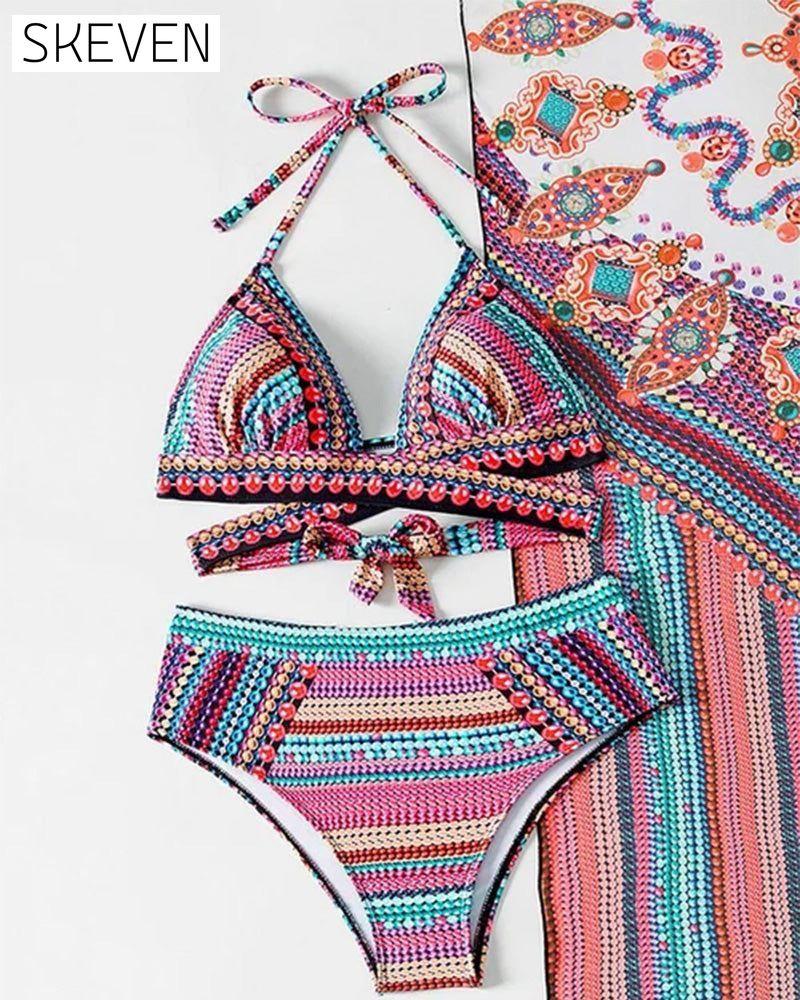 Colorful stripe print bikini three-piece set 23BF Bikinis Clothes Cover-Ups Summer Swimwear