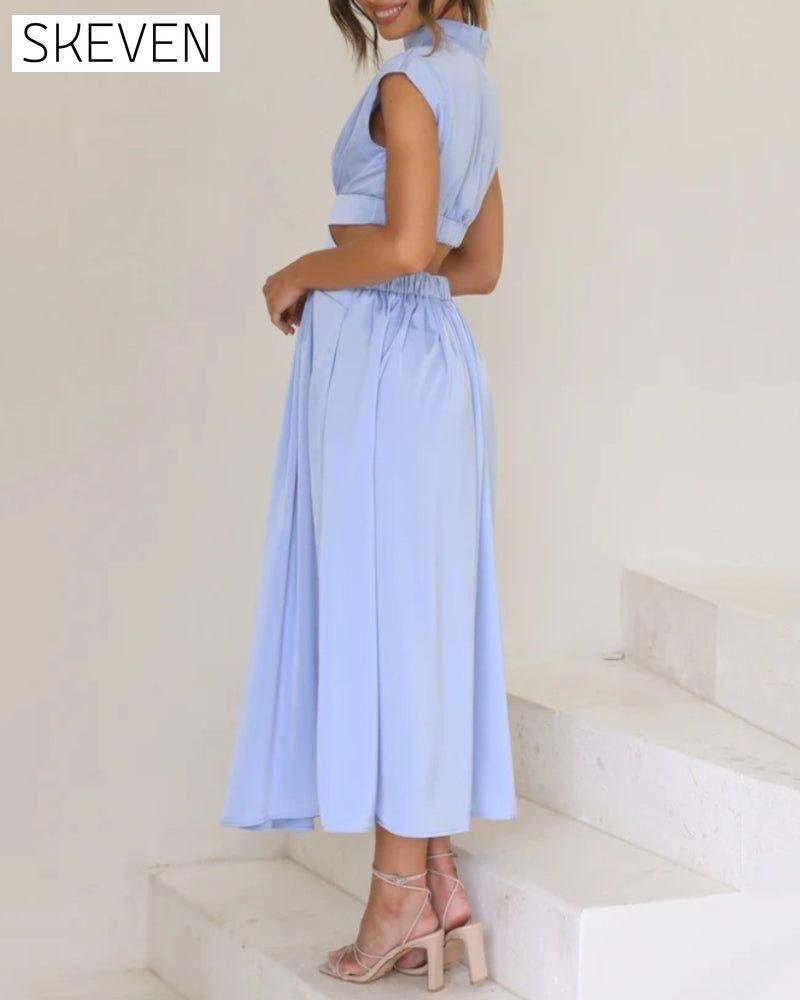 Stand collar off waist solid color long dress 23BF Casual Dresses Clothes Dresses Summer