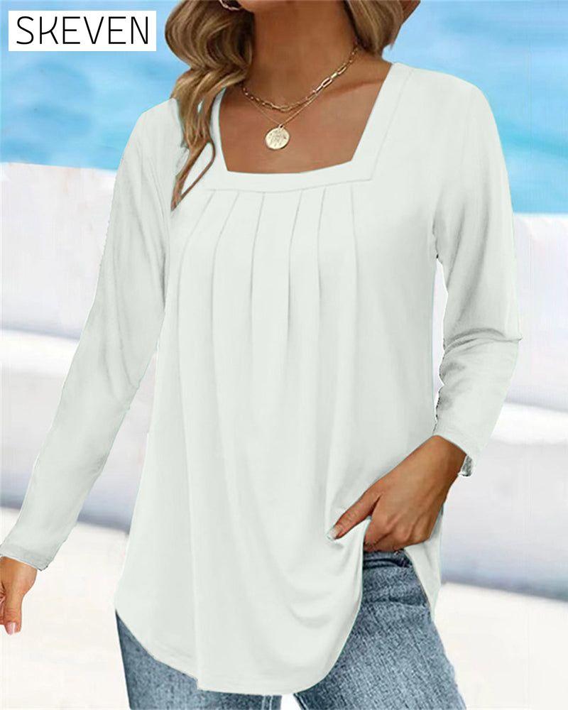 Langarmshirt mit eckigem Ausschnitt und Falten