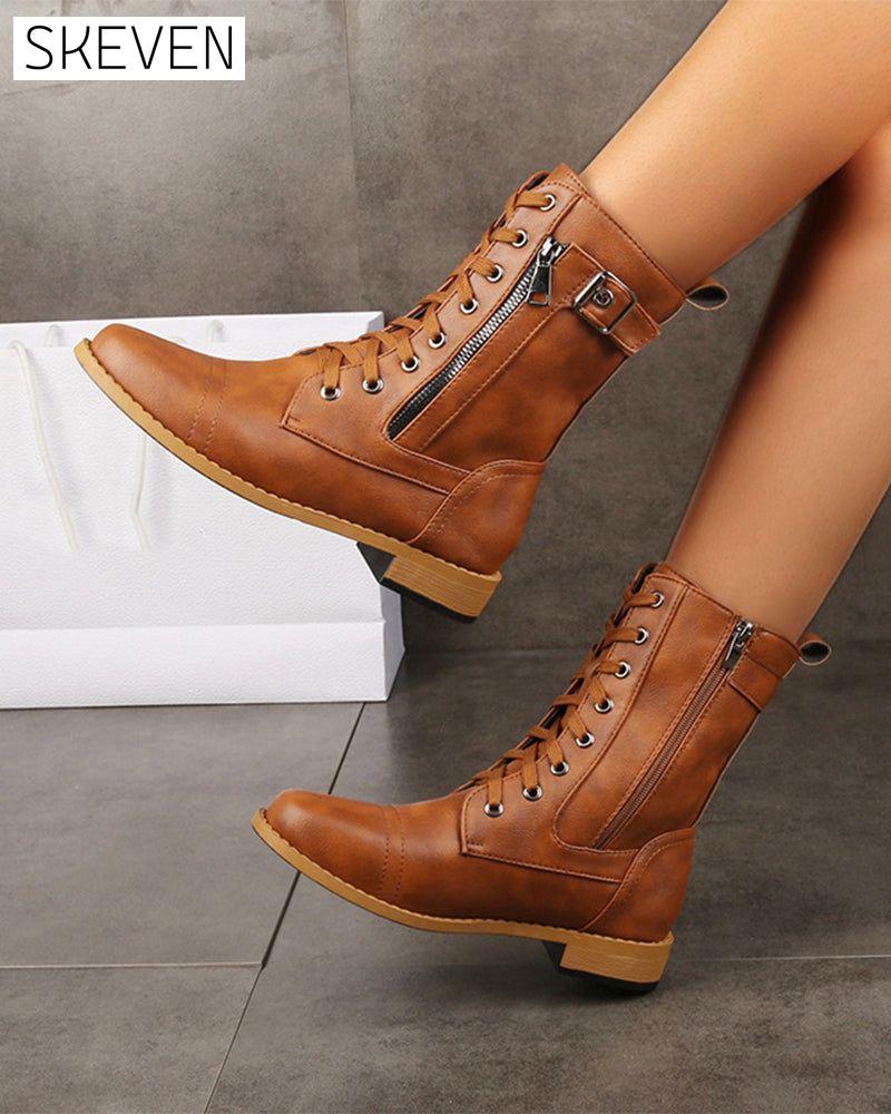 Women's Round Toe Side Zipper Leather Orthopedic Boots