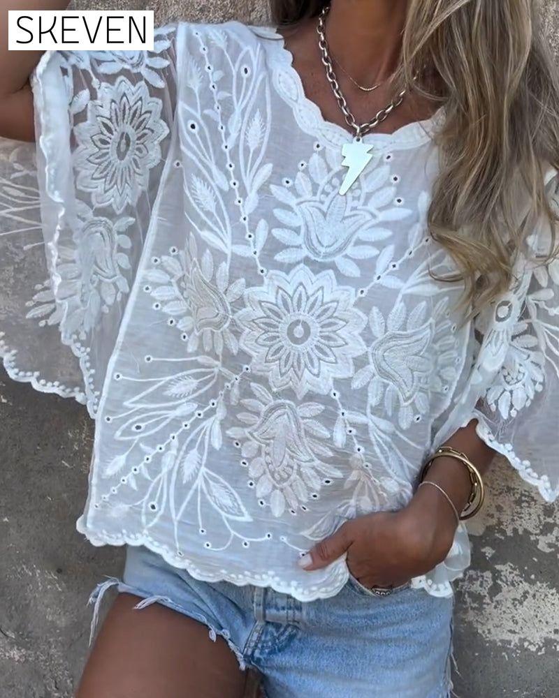 Butterfly Sleeve Round Neck Embroidered Blouse