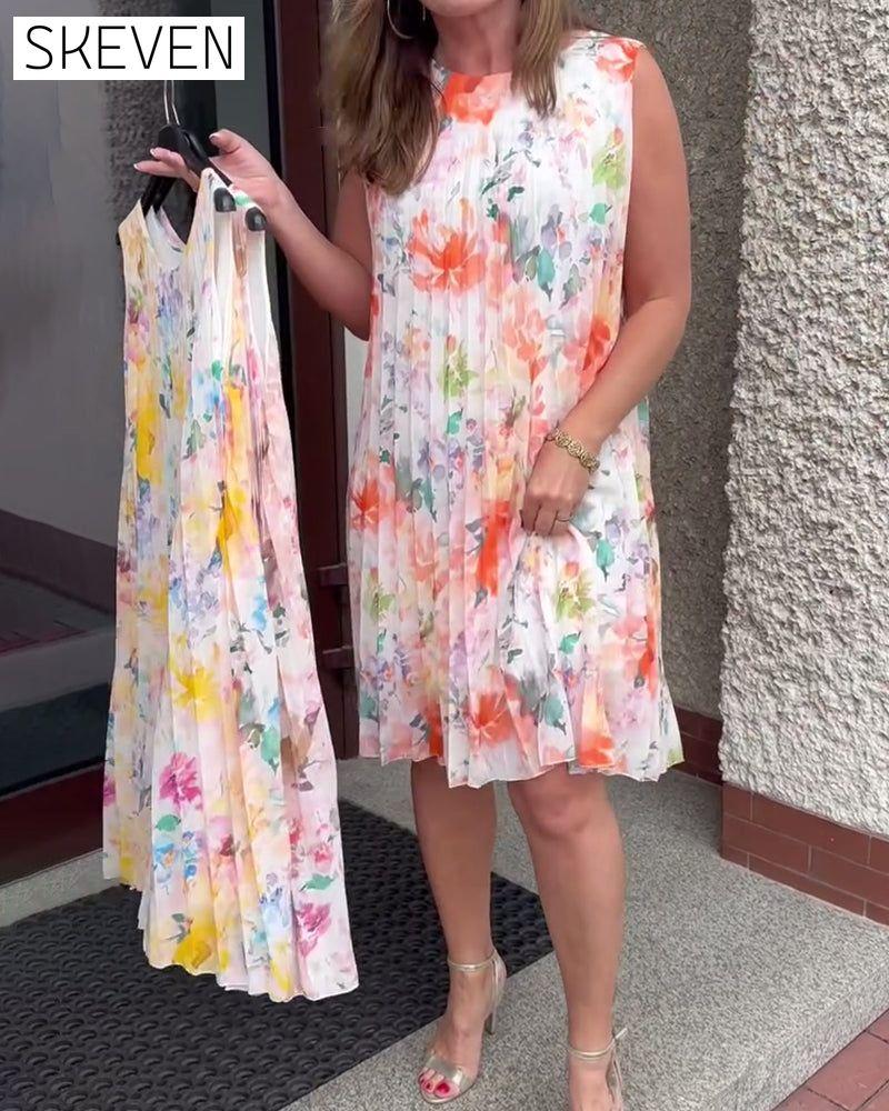 Sleeveless Pleated Floral Dress