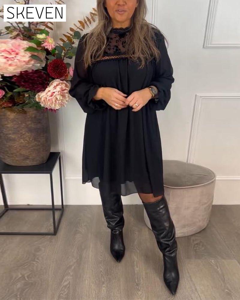 Lace Cutout Puff-Sleeve Elegant Dress