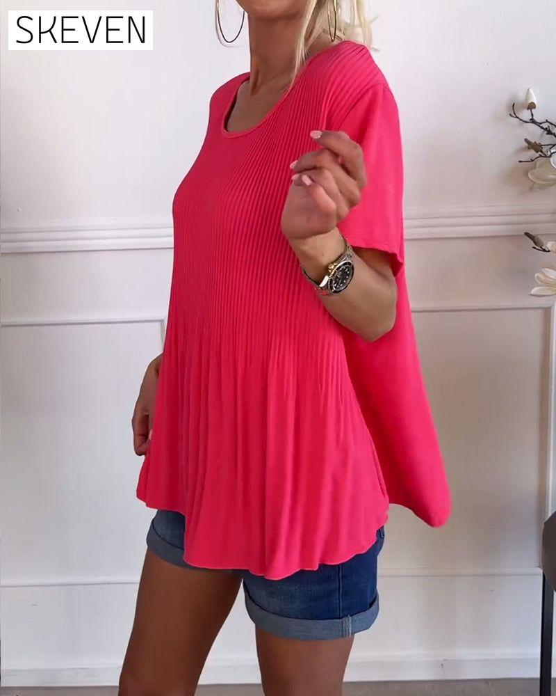 Solid color round neck pleated blouse