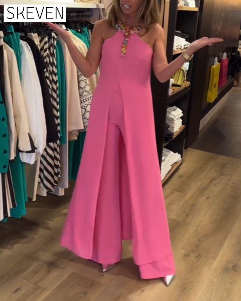 Halter neck slit solid color two piece set