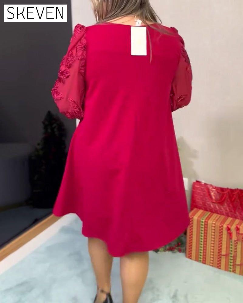 Puff Sleeve Tulle Panels V-Neck Loose Dress