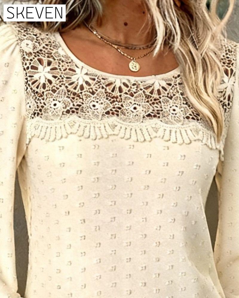 Jacquard Lace Patchwork Round Neck Top
