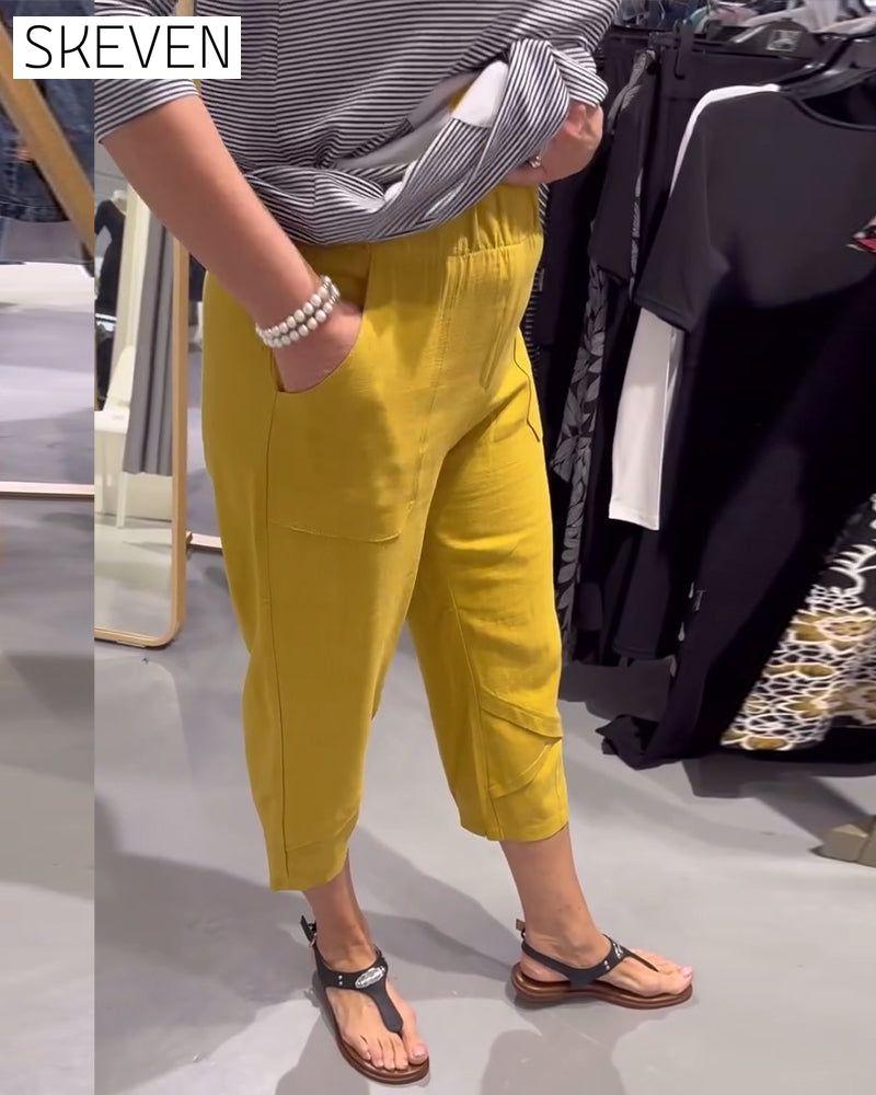Pantalon court décontracté fuselé en coton et lin