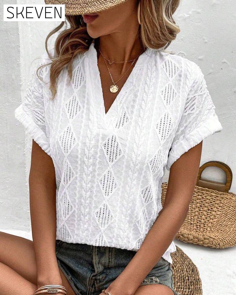 V-Neck Solid Color Hollow Breathable Blouse