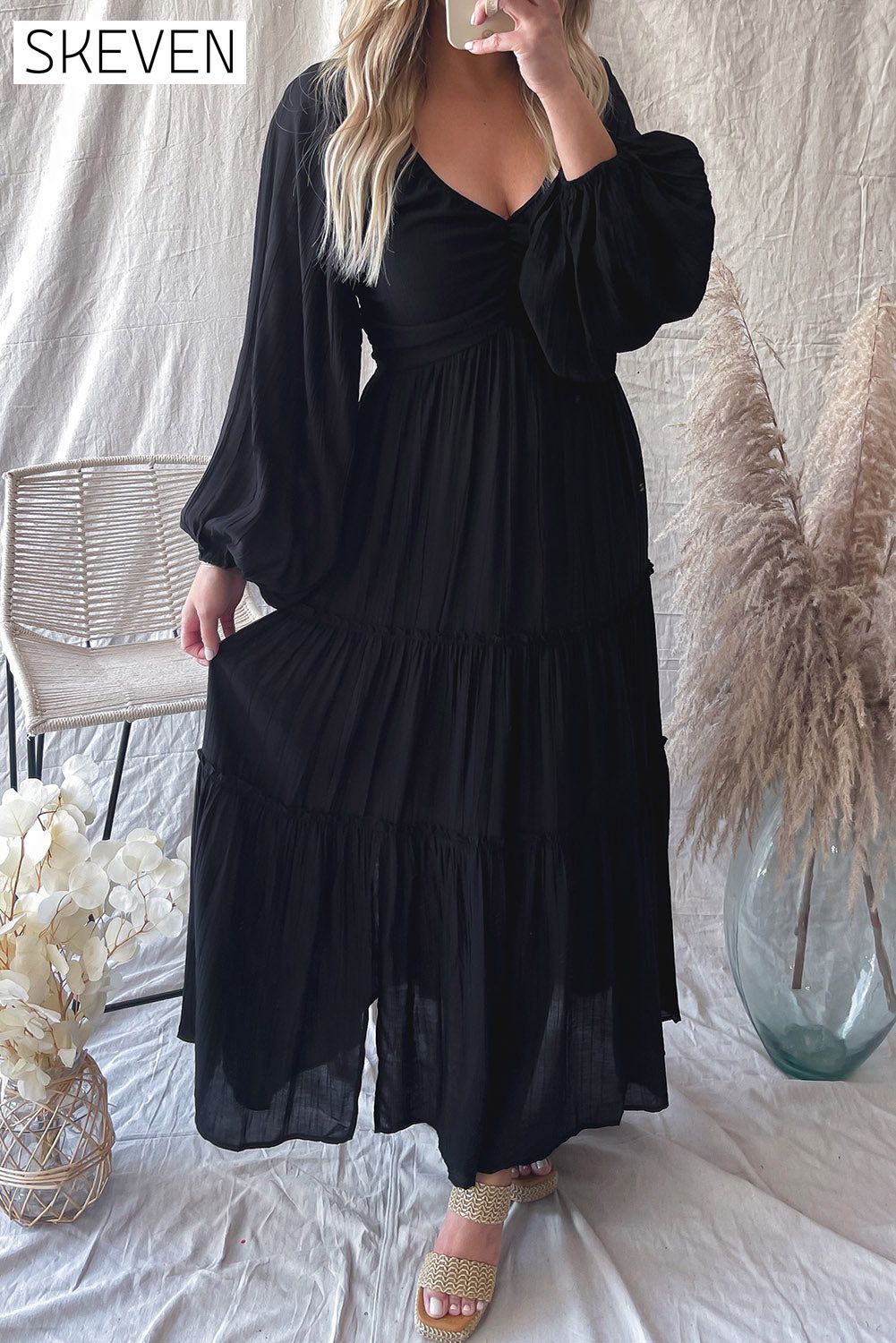 Black V Neck Bowknot Cutout Frill Tiered Maxi Dress Black 80%Viscose+20%Nylon All In Stock clothes dress dresses EDM Monthly Recomend Fabric Sheer long sleeve dress long sleeve dresses maxi dress maxi dresses Occasion Daily Print Solid Color Season Spring Silhouette A-Line Style Southern Belle