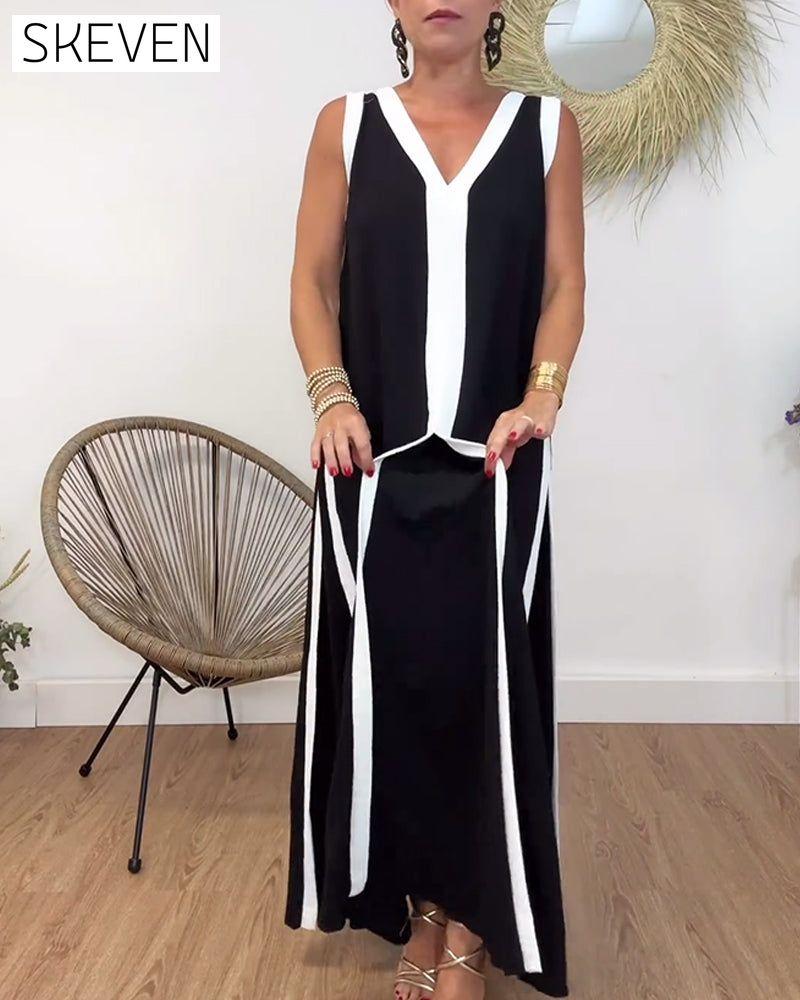 Fashionable contrasting print V-neck sleeveless dress
