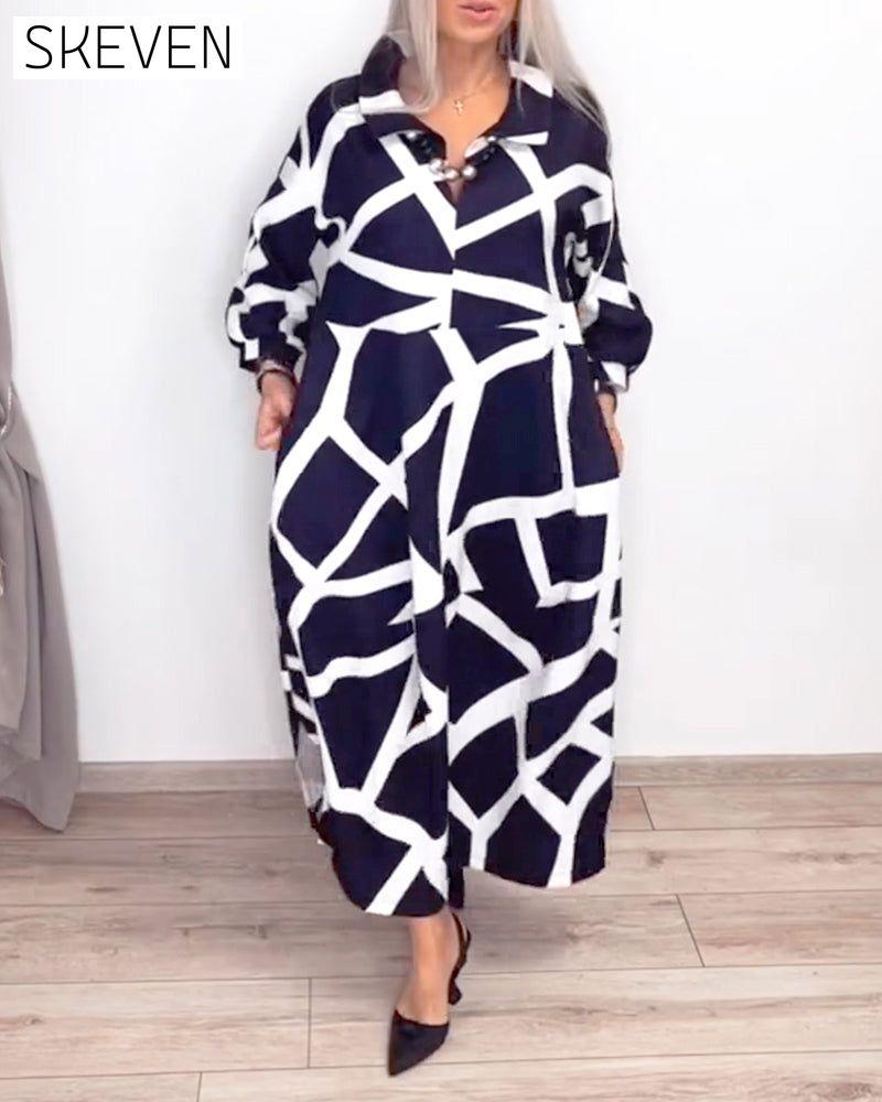 Lapel Loose Geometric Print Dress