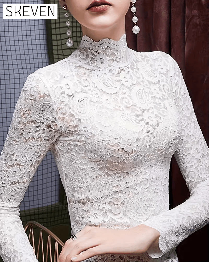 Elegant Solid Half Neckline Long Sleeve Lace Top
