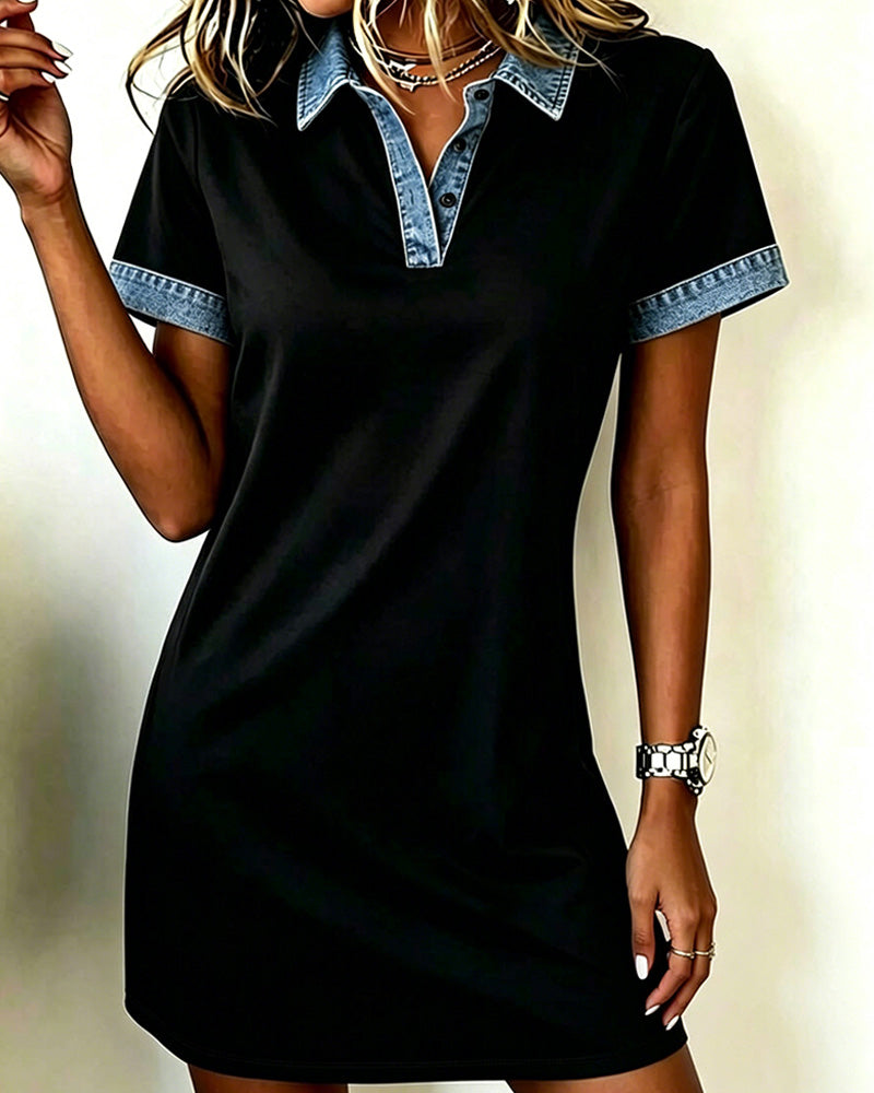 Denim Paneled Color Block Straight Dress