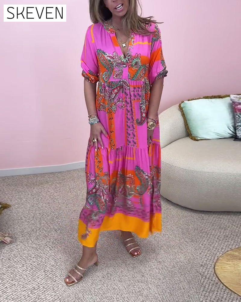 Deep V printed elegant loose long dress casual dresses spring summer